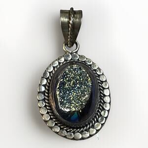 Pendant 925 Sterling Silver Drusy Quartz Pendant Vintage Southwest Jewelry- 6g